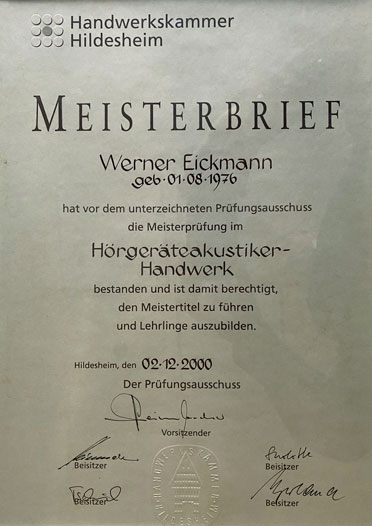 Meisterbrief im Hörgeräteakustiker-Handwerk
